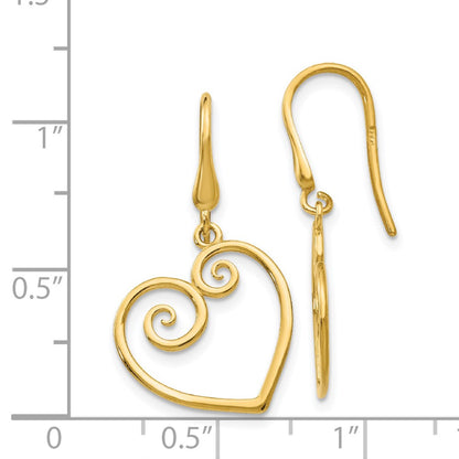 14k Yellow Gold Heart Dangle Shepherd Hook Earrings