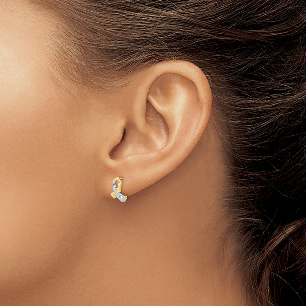 14K Yellow & Rhodium Gold White Cz Awareness Post Earrings