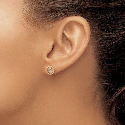14K Yellow & Rhodium Gold White Open Circle Cz Half Moon Post Earrings