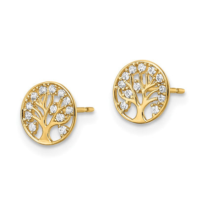 14K Yellow Gold Cz Tree Of Life Post Earrings
