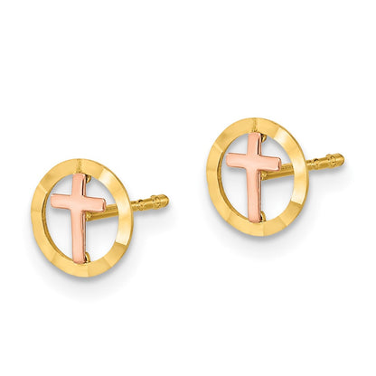 14K Two Tone Circle With Cross Post Earrings