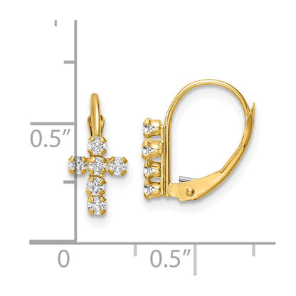 14K Yellow Gold Cz Polished Leverback Cross Earrings