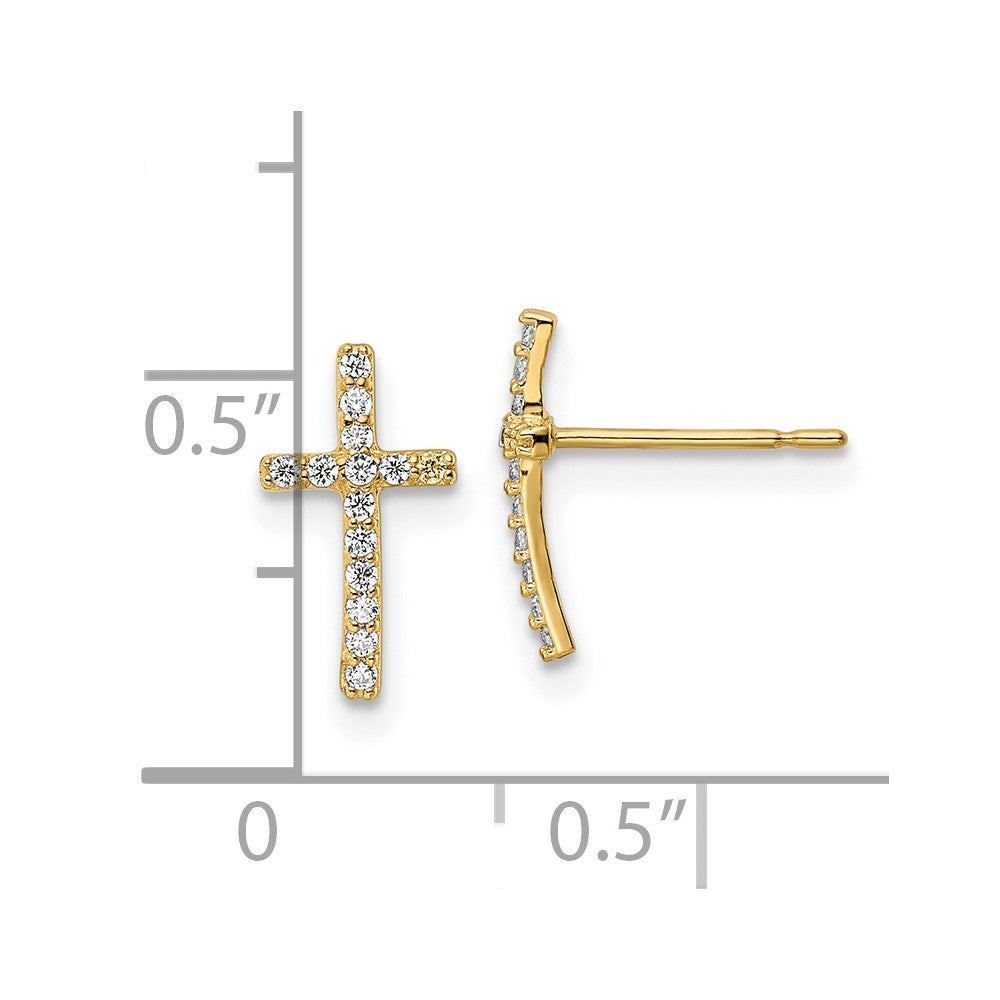 14K Yellow Gold Cz Cross Post Earrings
