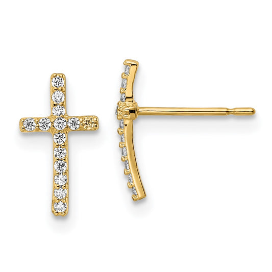 14K Yellow Gold Cz Cross Post Earrings
