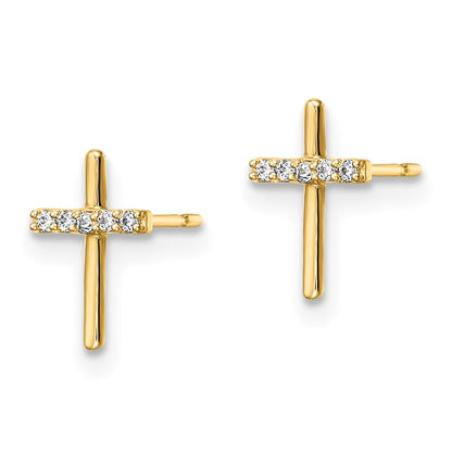 14K Yellow Gold Cz Cross Post Earrings
