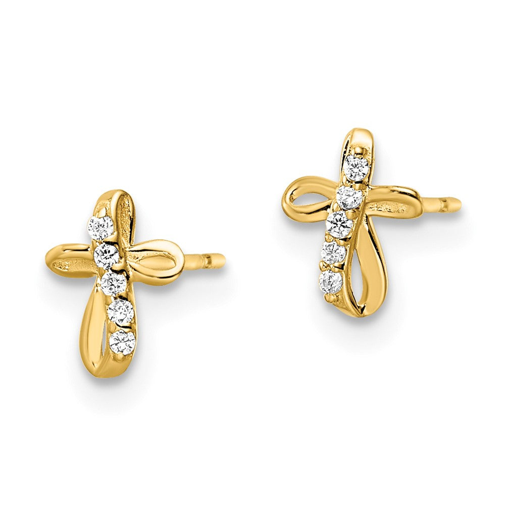 14K Yellow Gold Cz Cross Post Earrings
