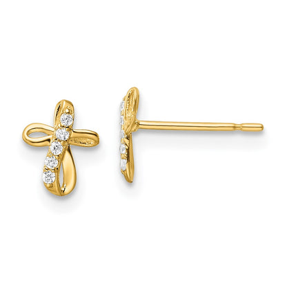 14K Yellow Gold Cz Cross Post Earrings