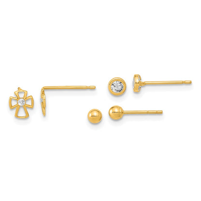 14K Yellow Gold Polished Set Of Ball Post Cross And Cz Bezel 3 Pair Earrings