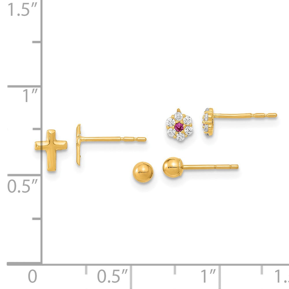 14K Yellow Gold Polished Set Of Ball Post Cz Flowers And Cross 3 Pair Earrings