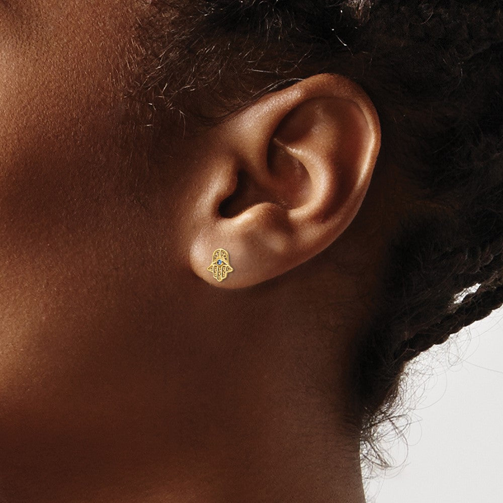 14K Yellow Gold Blue Glass Stone Hamsa Post Earrings