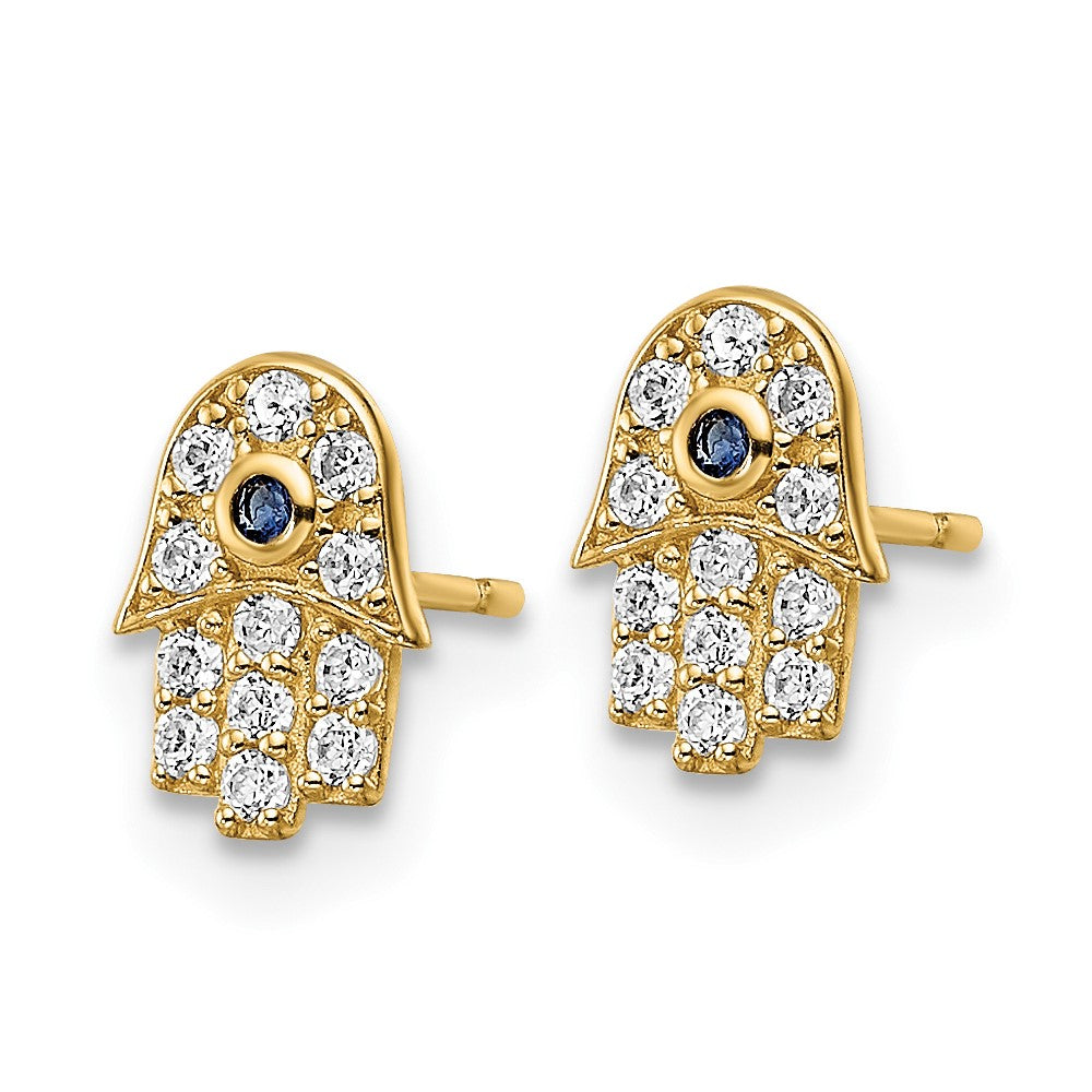 14K Yellow Gold Cz & Blue Glass Stone Hamsa Post Earrings
