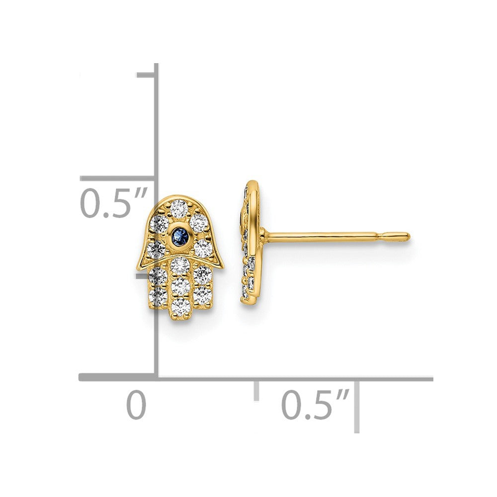 14K Yellow Gold Cz & Blue Glass Stone Hamsa Post Earrings