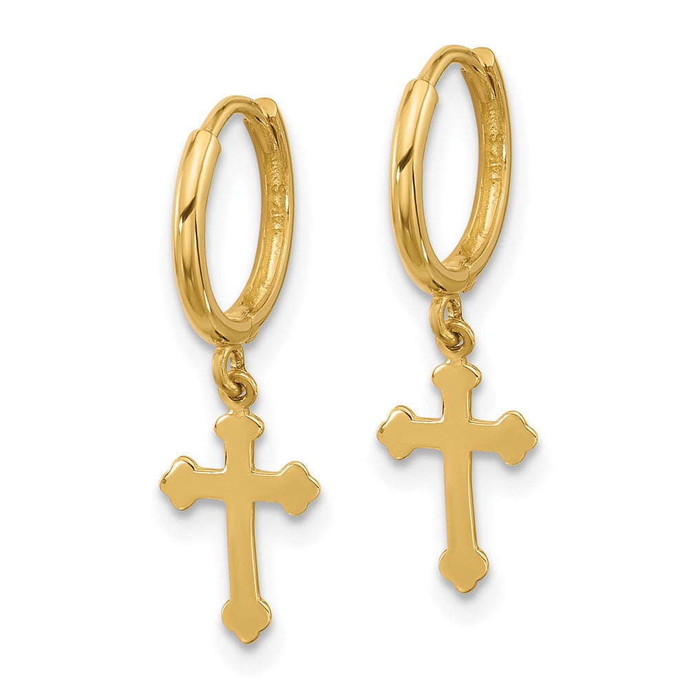14K Yellow Gold Hinged Dangle Cross Hoop Earrings