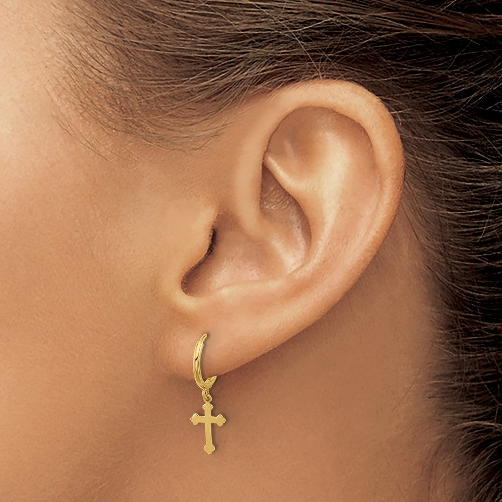 14K Yellow Gold Hinged Dangle Cross Hoop Earrings