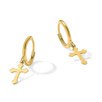14K Yellow Gold Hinged Dangle Cross Hoop Earrings