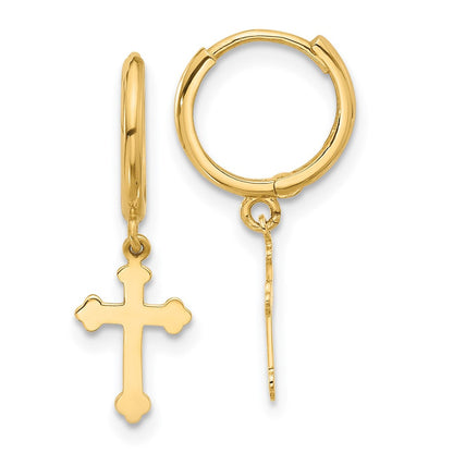 14K Yellow Gold Hinged Dangle Cross Hoop Earrings