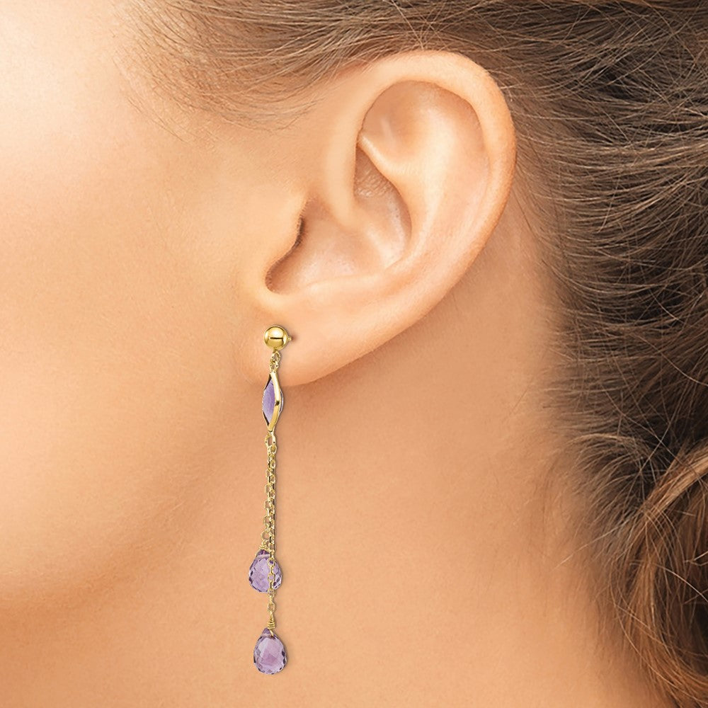 14K Yellow Gold Amethyst Post Dangle Earrings