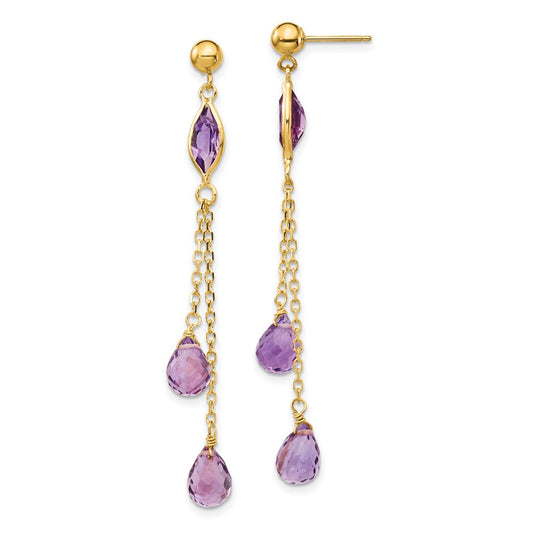 14K Yellow Gold Amethyst Post Dangle Earrings