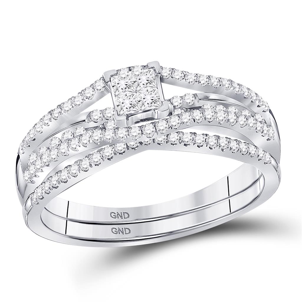 14k White Gold Princess Diamond Bridal Wedding Ring Set 1/2 Cttw
