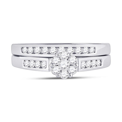 14k White Gold Round Diamond Flower Cluster Bridal Wedding Ring Set 1/2 Cttw