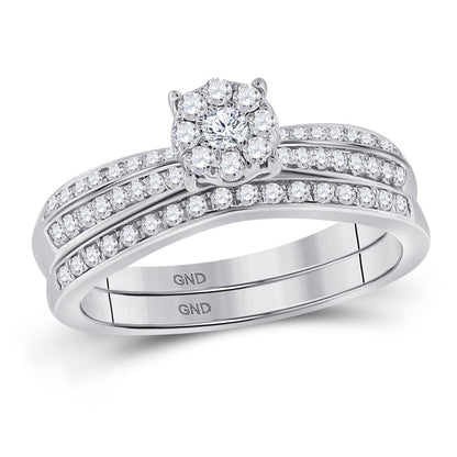 14k White Gold Round Diamond Cluster Bridal Wedding Ring Set 1/2 Cttw