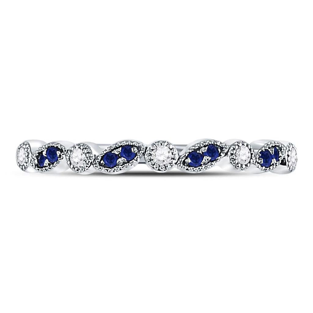 14k White Gold Round Blue Sapphire Diamond Stackable Band Ring 1/10 Cttw