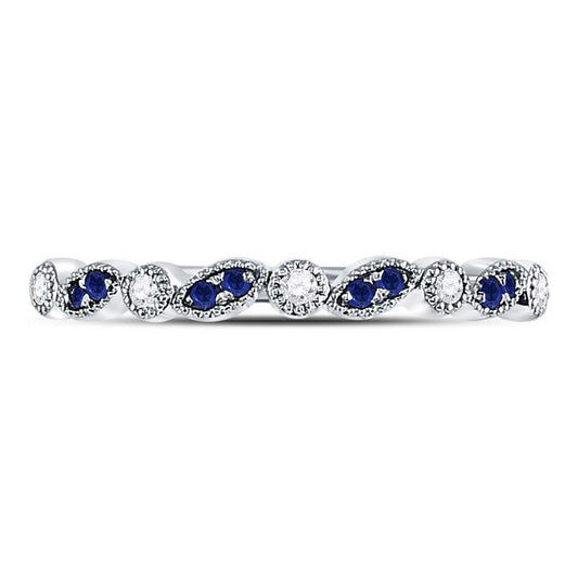 14k White Gold Round Blue Sapphire Diamond Stackable Band Ring 1/10 Cttw