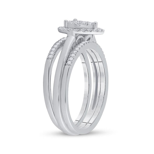 14k White Gold Round Diamond Heart Bridal Wedding Ring Set 1/2 Cttw