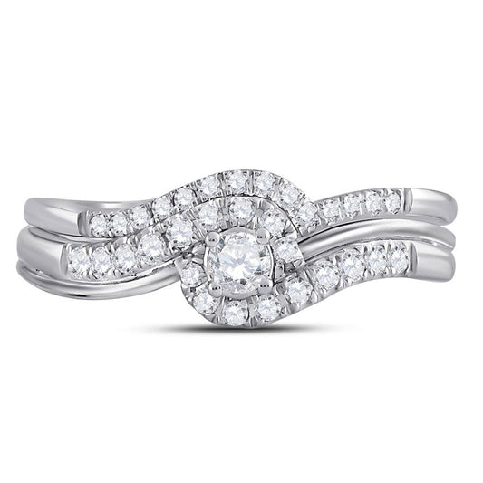 14k White Gold Round Diamond Swirl Bridal Wedding Ring Set 1/3 Cttw