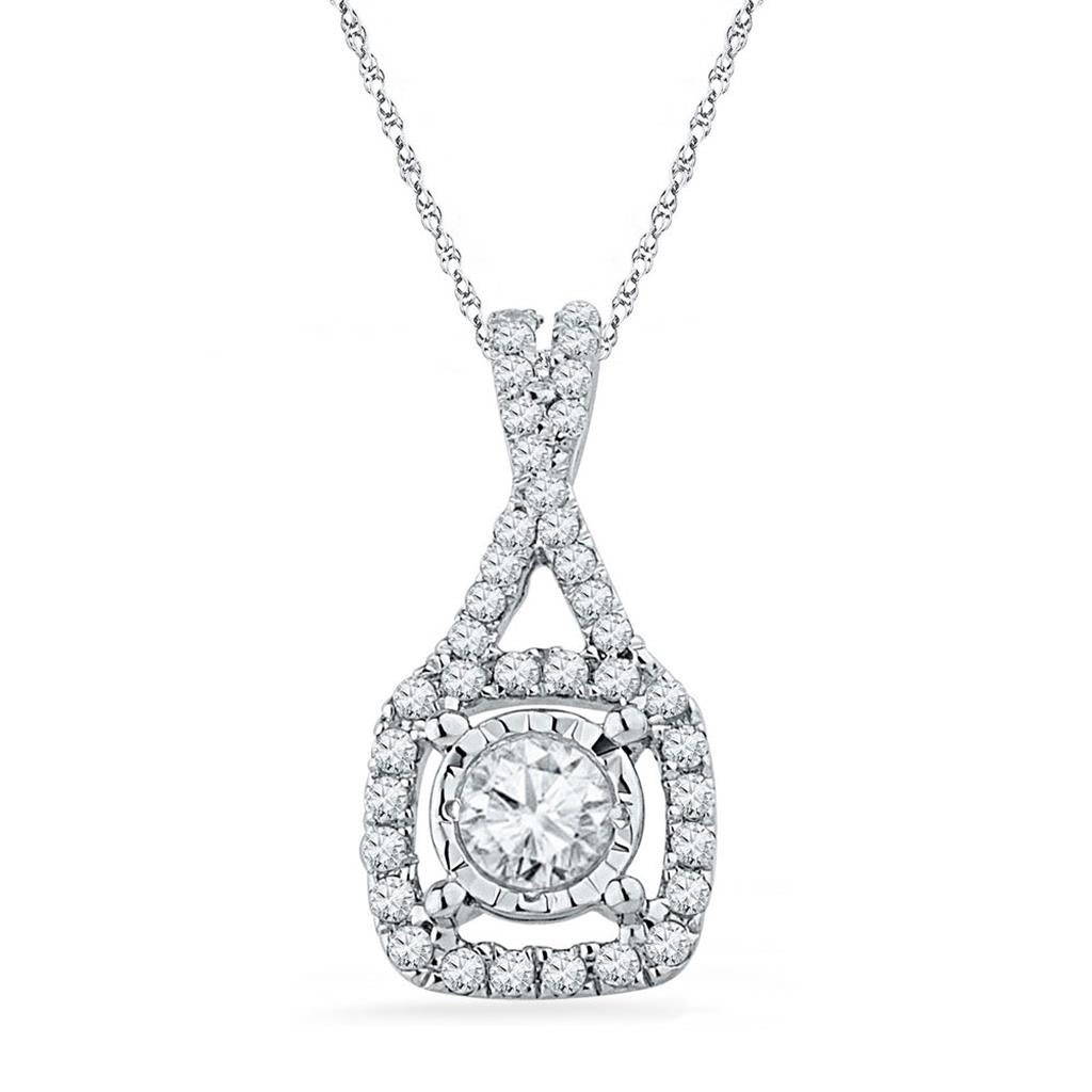 14kt White Gold Round Diamond Solitaire Square Frame Pendant 3/8 Cttw