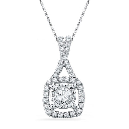 14kt White Gold Round Diamond Solitaire Square Frame Pendant 3/8 Cttw