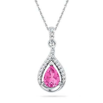 14k White Gold Pear Created Pink Sapphire Solitaire Diamond Pendant 1-5/8 Cttw