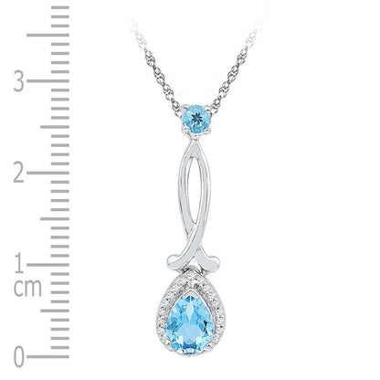 14k White Gold Pear Created Blue Topaz Diamond Solitaire Pendant 1 Cttw