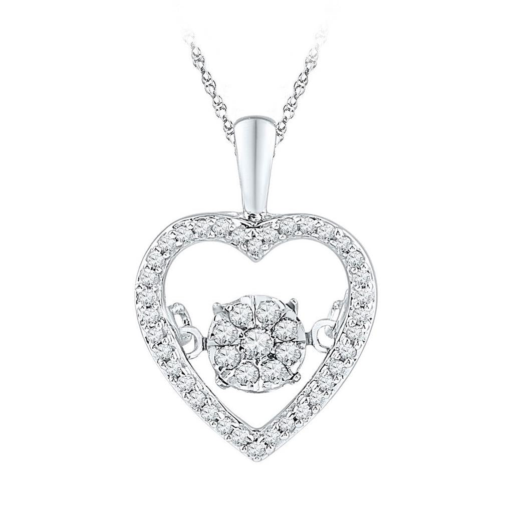 14k White Gold Round Diamond Cluster Moving Twinkle Heart Pendant 1/5 Cttw