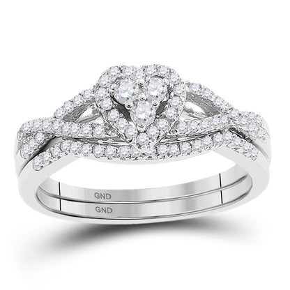 14k White Gold Round Diamond Heart Bridal Wedding Ring Set 3/8 Cttw