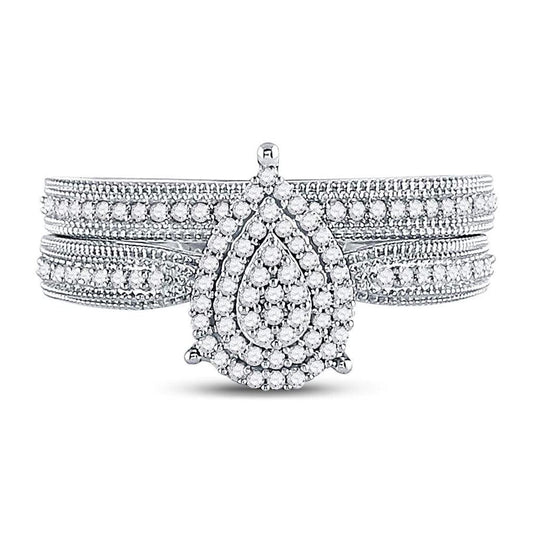 14k White Gold Round Diamond Teardrop Bridal Wedding Ring Set 1/3 Cttw
