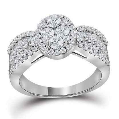 14k White Gold Round Diamond Oval Cluster Bridal Engagement Ring 1-3/8 Cttw