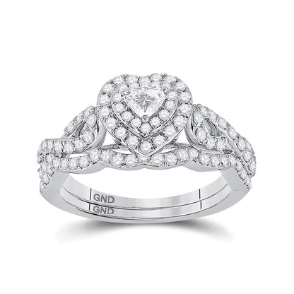 14k White Gold Heart Diamond Bridal Wedding Ring Set 1 Cttw