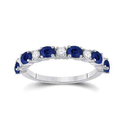 14k White Gold Oval Blue Sapphire Diamond Alternating Band Ring 1-1/2 Cttw