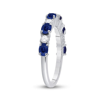 14k White Gold Oval Blue Sapphire Diamond Alternating Band Ring 1-1/2 Cttw