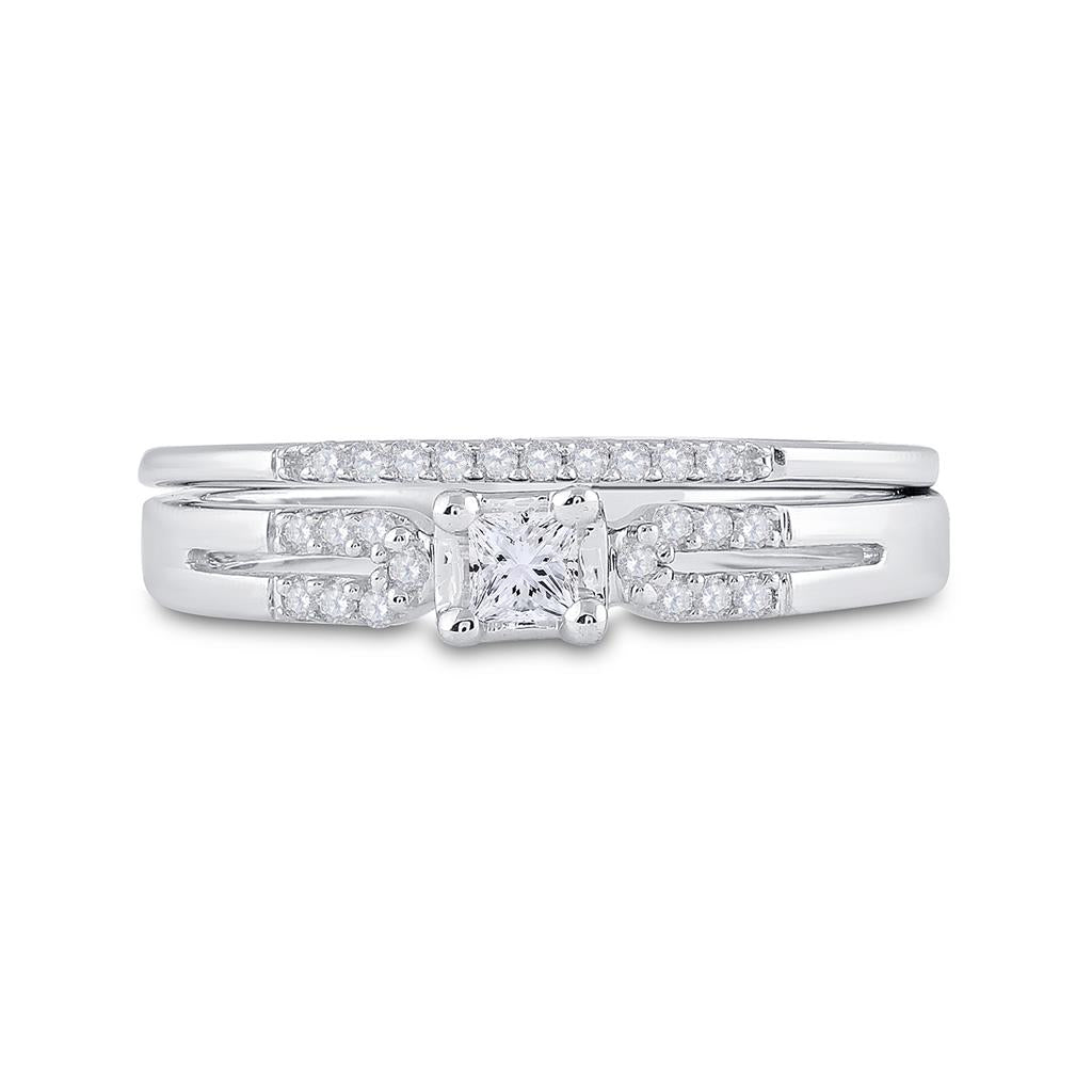 14k White Gold Princess Diamond Bridal Wedding Ring Set 1/5 Cttw