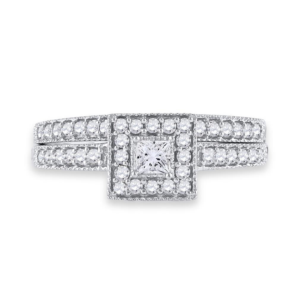 14k White Gold Princess Diamond Halo Bridal Wedding Ring Set 1/2 Cttw