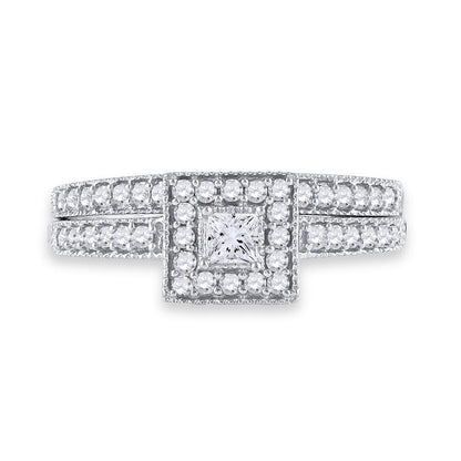 14k White Gold Princess Diamond Halo Bridal Wedding Ring Set 1/2 Cttw