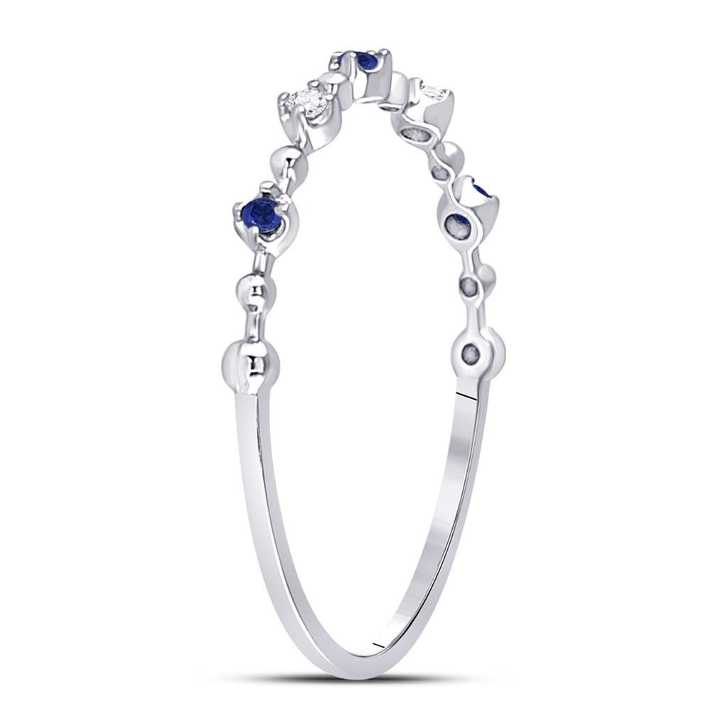 14k White Gold Round Blue Sapphire Diamond Beaded Stackable Band Ring 1/20 Cttw