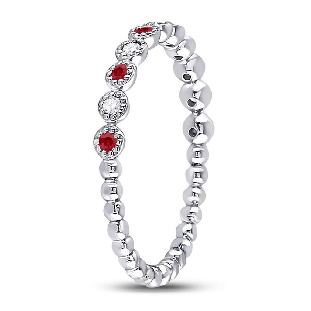 14k White Gold Round Ruby Diamond Beaded Dot Stackable Band Ring 1/6 Cttw