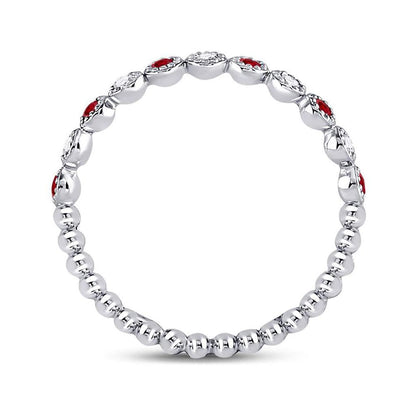 14k White Gold Round Ruby Diamond Beaded Dot Stackable Band Ring 1/6 Cttw