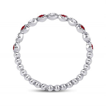 14k White Gold Round Ruby Diamond Beaded Dot Stackable Band Ring 1/6 Cttw