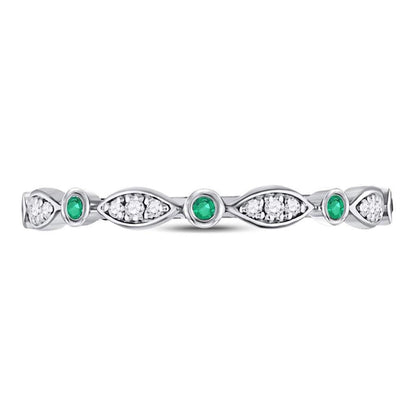 14k White Gold Round Emerald Diamond Marquise Dot Stackable Band Ring 1/8 Cttw
