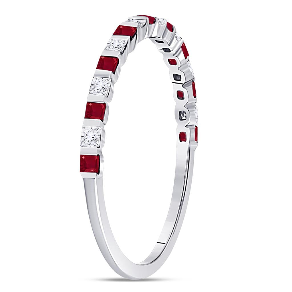 14k White Gold Princess Ruby Diamond Alternating Stackable Band Ring 3/8 Cttw