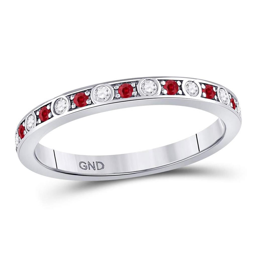 14k White Gold Round Ruby Diamond Single Row Stackable Band Ring 1/3 Cttw
